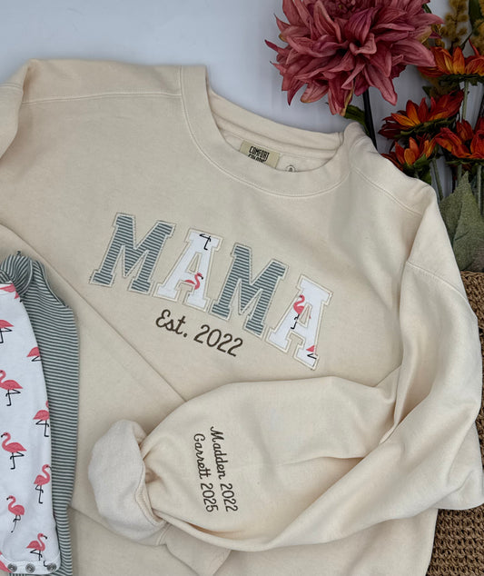 Custom "Mama" Appliqué Sweatshirt Using Baby Clothes – Gildan Unisex Heavy Blend™ Crewneck