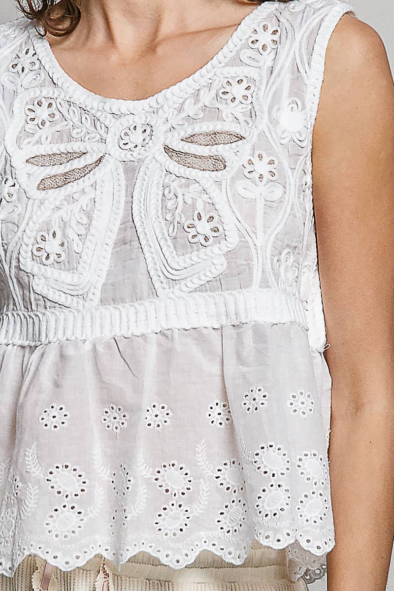 Boho Crochet Ribbon Motif Scalloped Trim Sleeveless Top