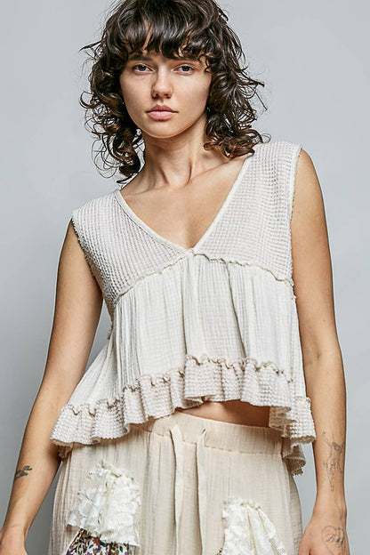 Sleeveless contrast thermal cropped babydoll top SALE