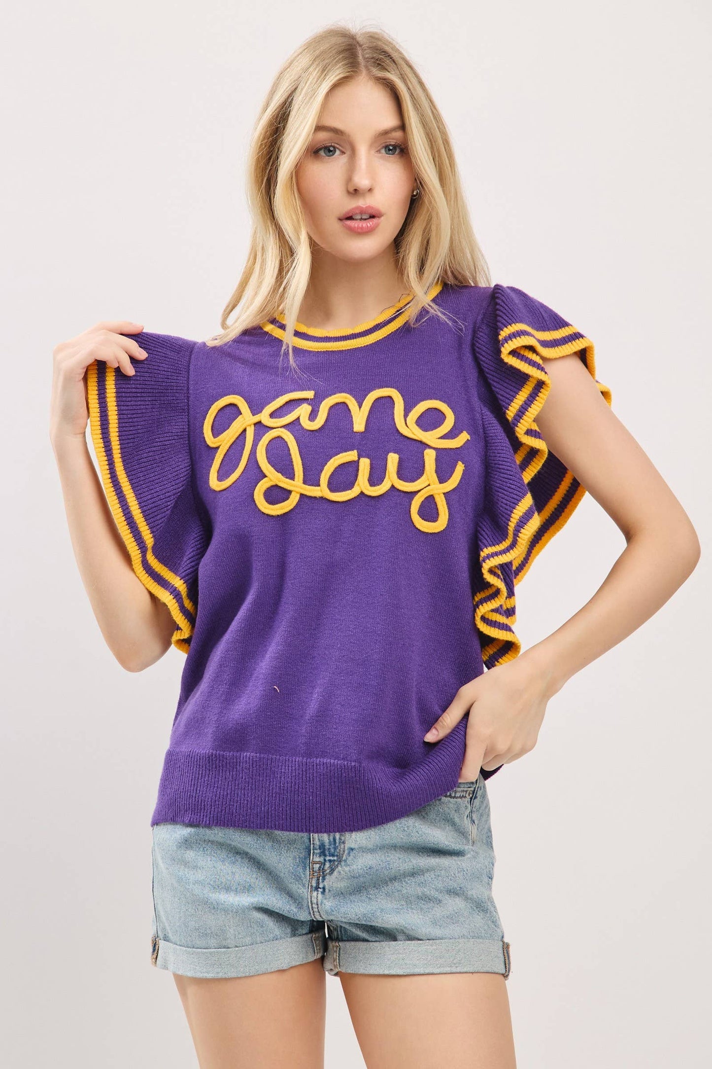 Ruffle Sleeve Varsity Gameday Knit Top