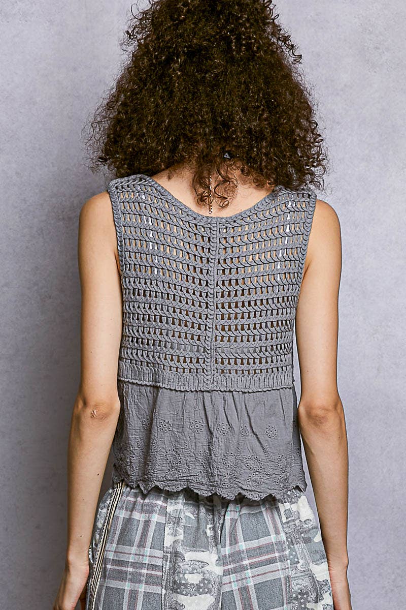 Boho Crochet Ribbon Motif Scalloped Trim Sleeveless Top