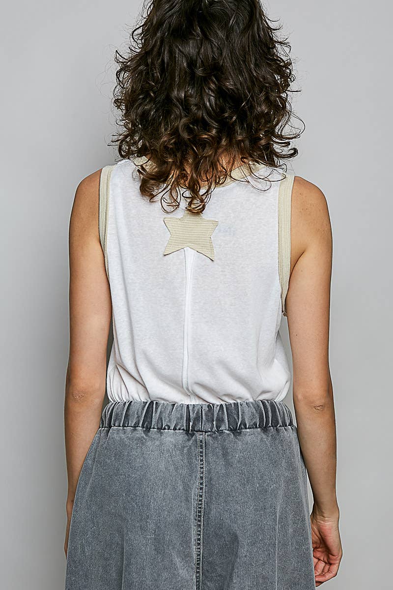 V-neck Sleeveless Front Star Patches Solid Basic Top SALE