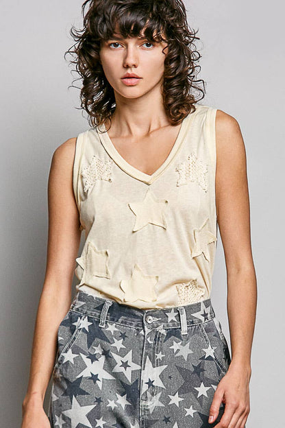 V-neck Sleeveless Front Star Patches Solid Basic Top SALE
