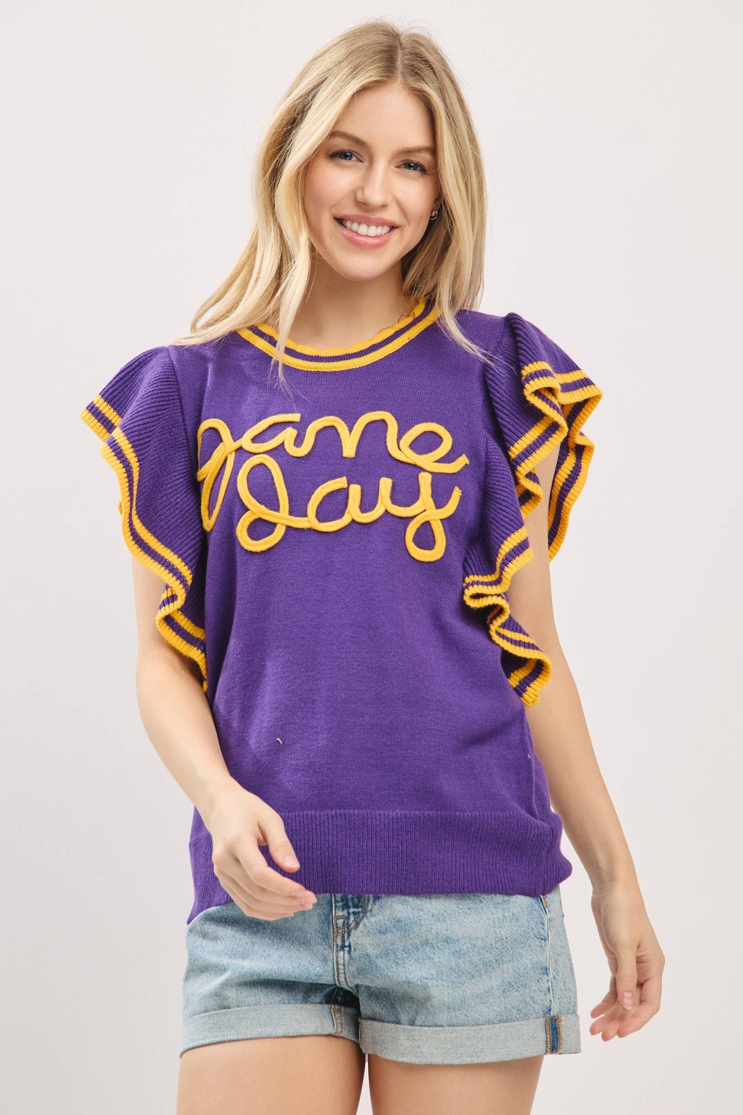 Ruffle Sleeve Varsity Gameday Knit Top