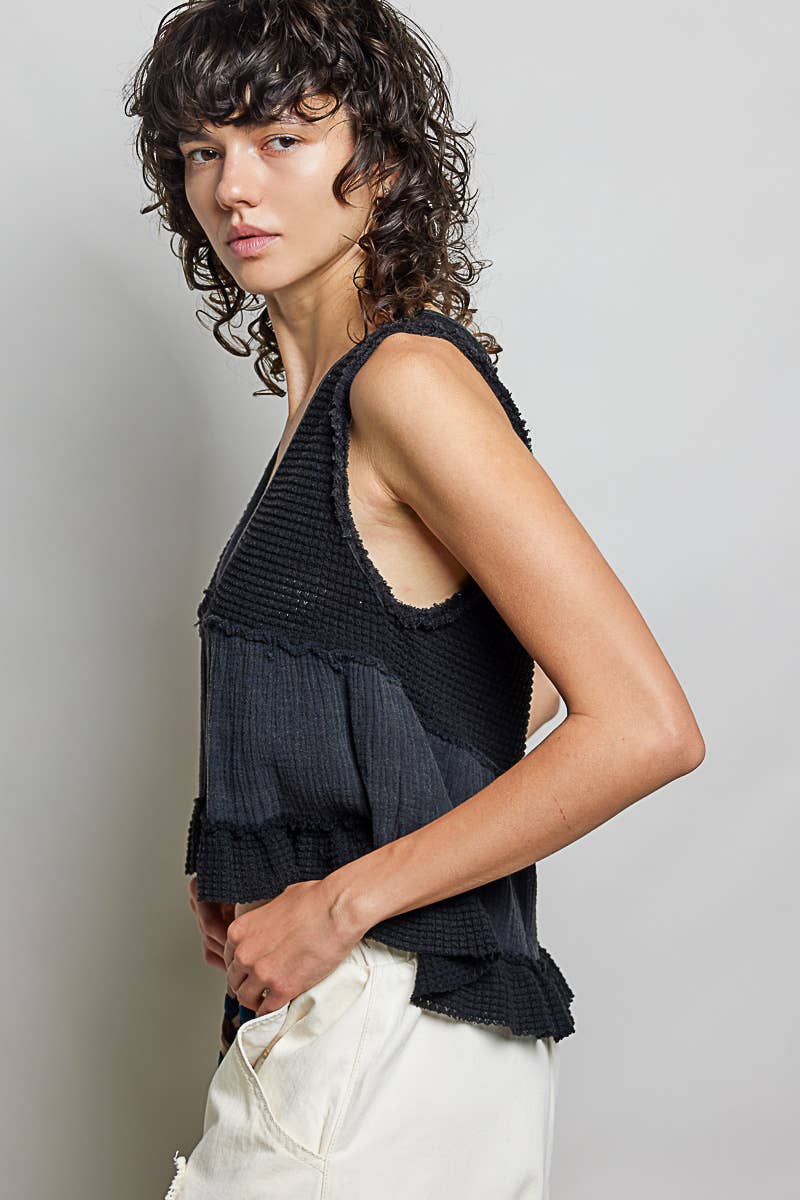 Sleeveless contrast thermal cropped babydoll top SALE