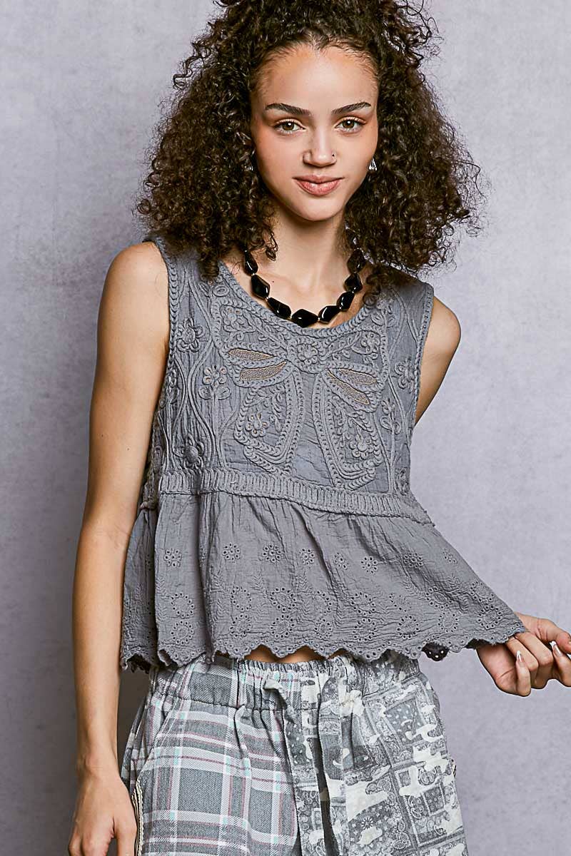 Boho Crochet Ribbon Motif Scalloped Trim Sleeveless Top