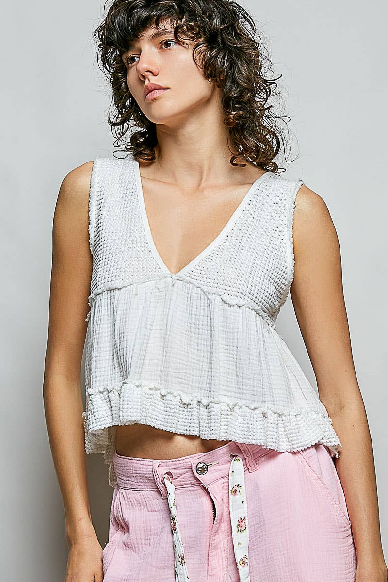 Sleeveless contrast thermal cropped babydoll top SALE