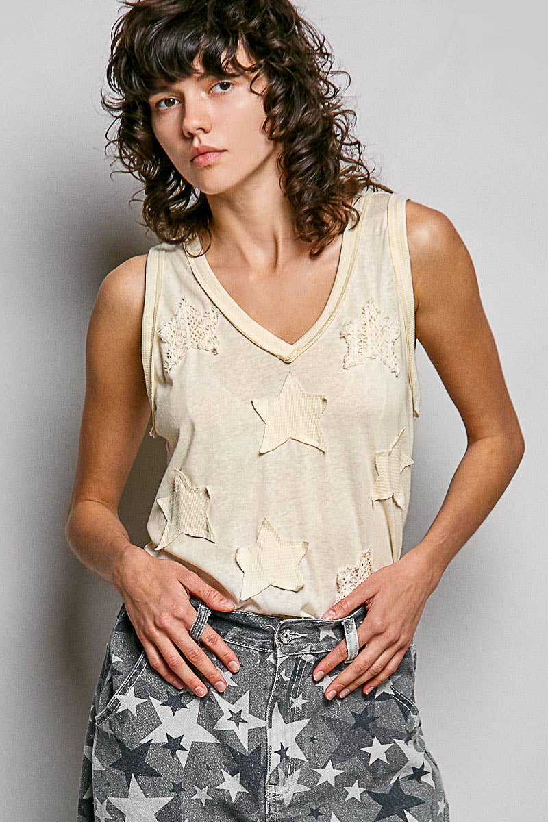 V-neck Sleeveless Front Star Patches Solid Basic Top SALE