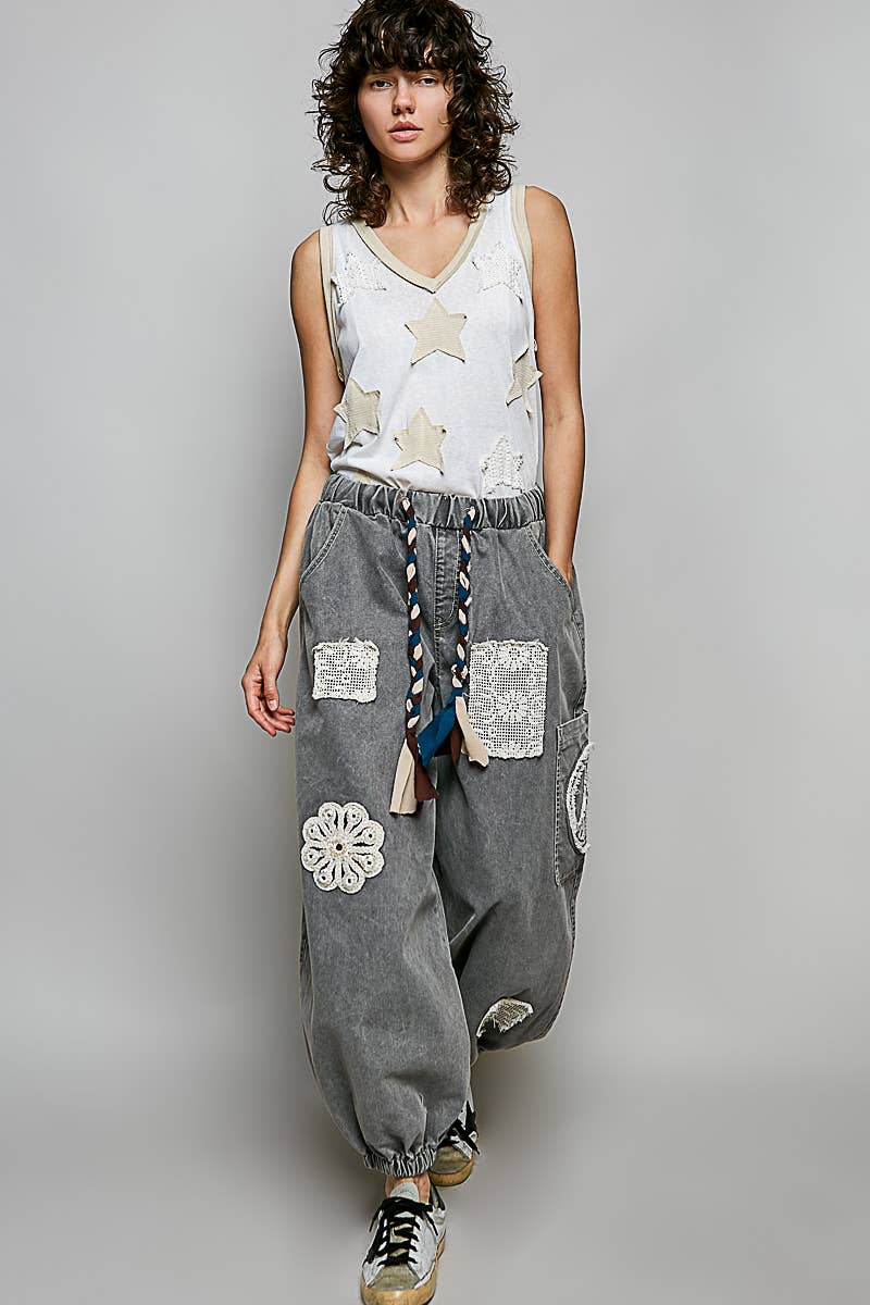V-neck Sleeveless Front Star Patches Solid Basic Top SALE