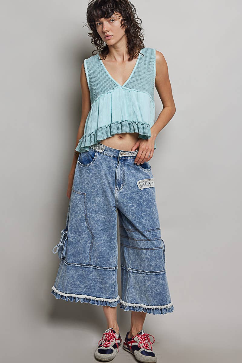 Sleeveless contrast thermal cropped babydoll top SALE