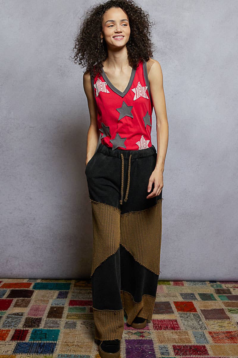 V-neck Sleeveless Front Star Patches Solid Basic Top SALE