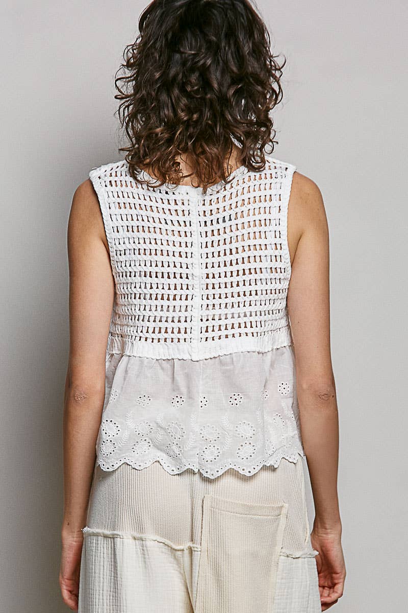 Boho Crochet Ribbon Motif Scalloped Trim Sleeveless Top