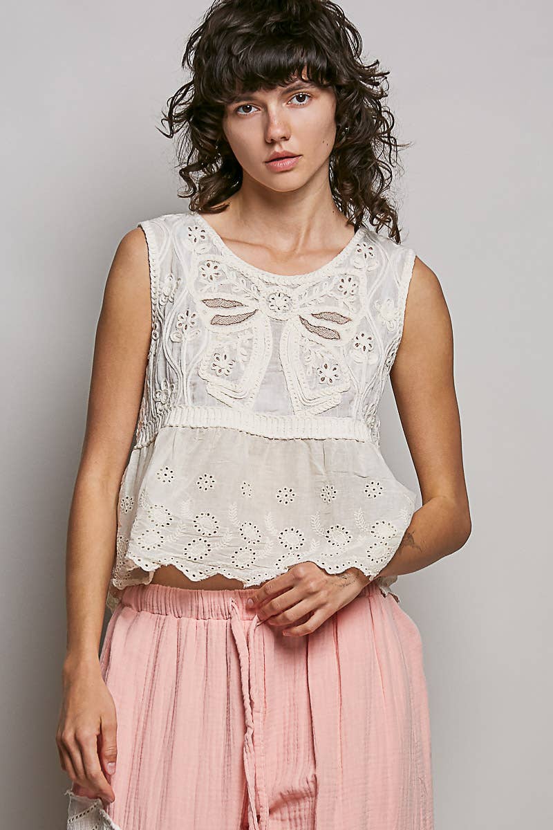 Boho Crochet Ribbon Motif Scalloped Trim Sleeveless Top