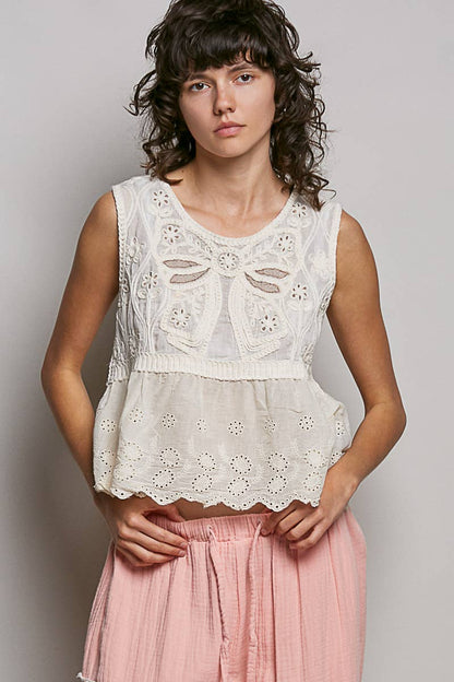 Boho Crochet Ribbon Motif Scalloped Trim Sleeveless Top