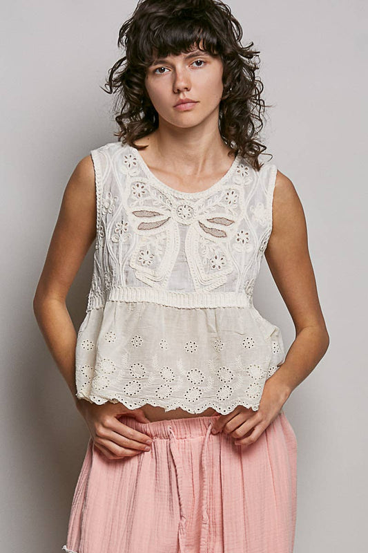 Boho Crochet Ribbon Motif Scalloped Trim Sleeveless Top