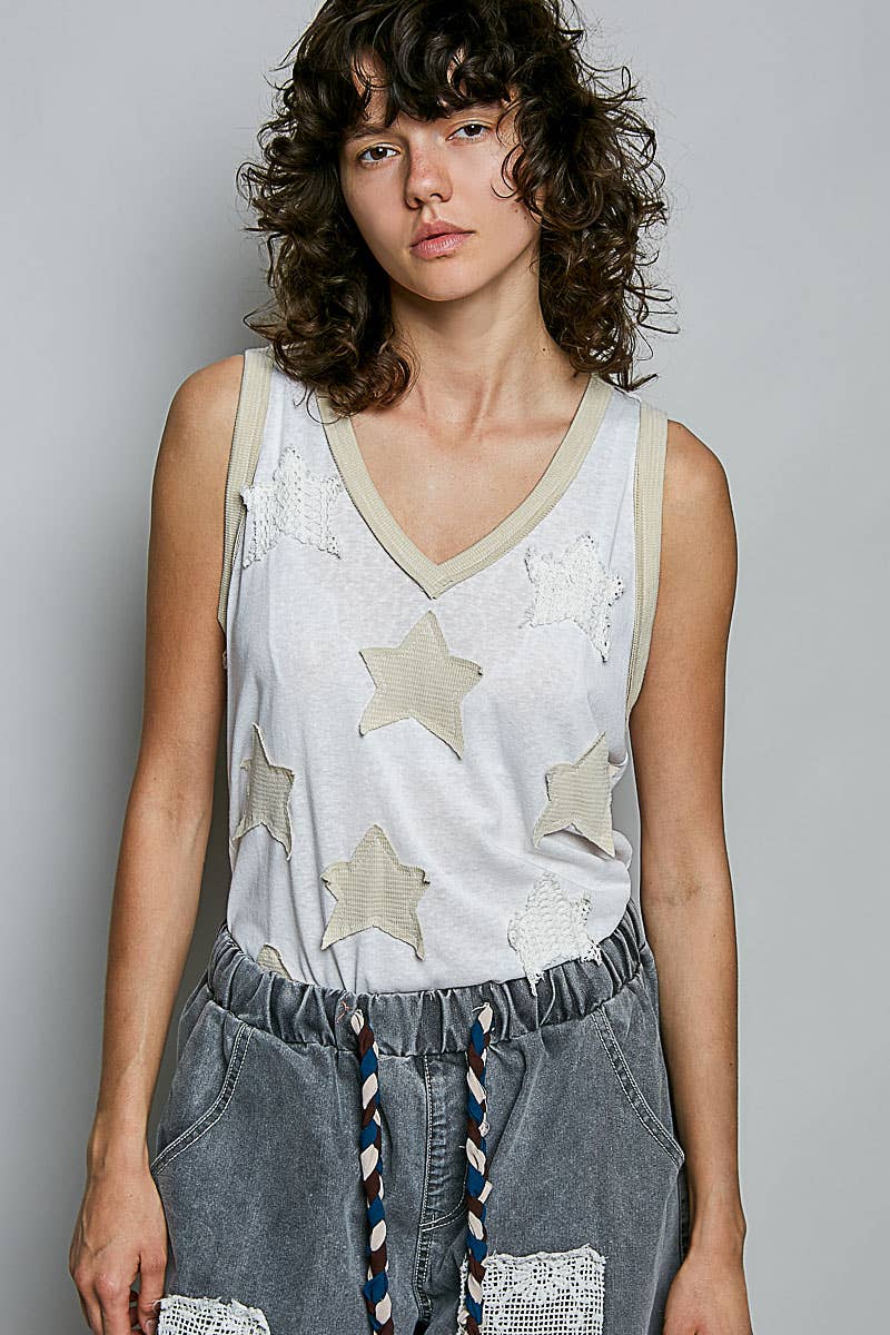 V-neck Sleeveless Front Star Patches Solid Basic Top SALE