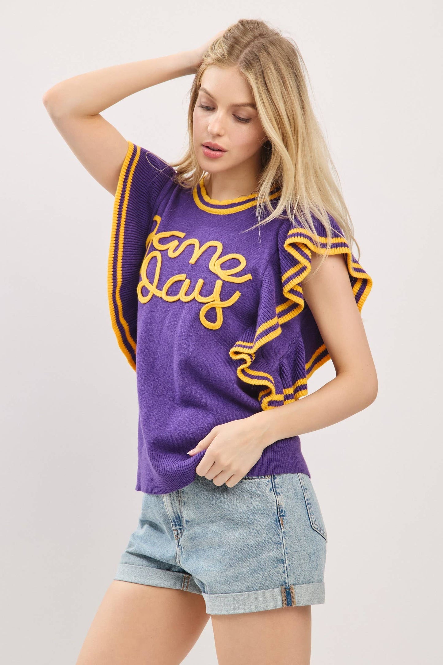 Ruffle Sleeve Varsity Gameday Knit Top
