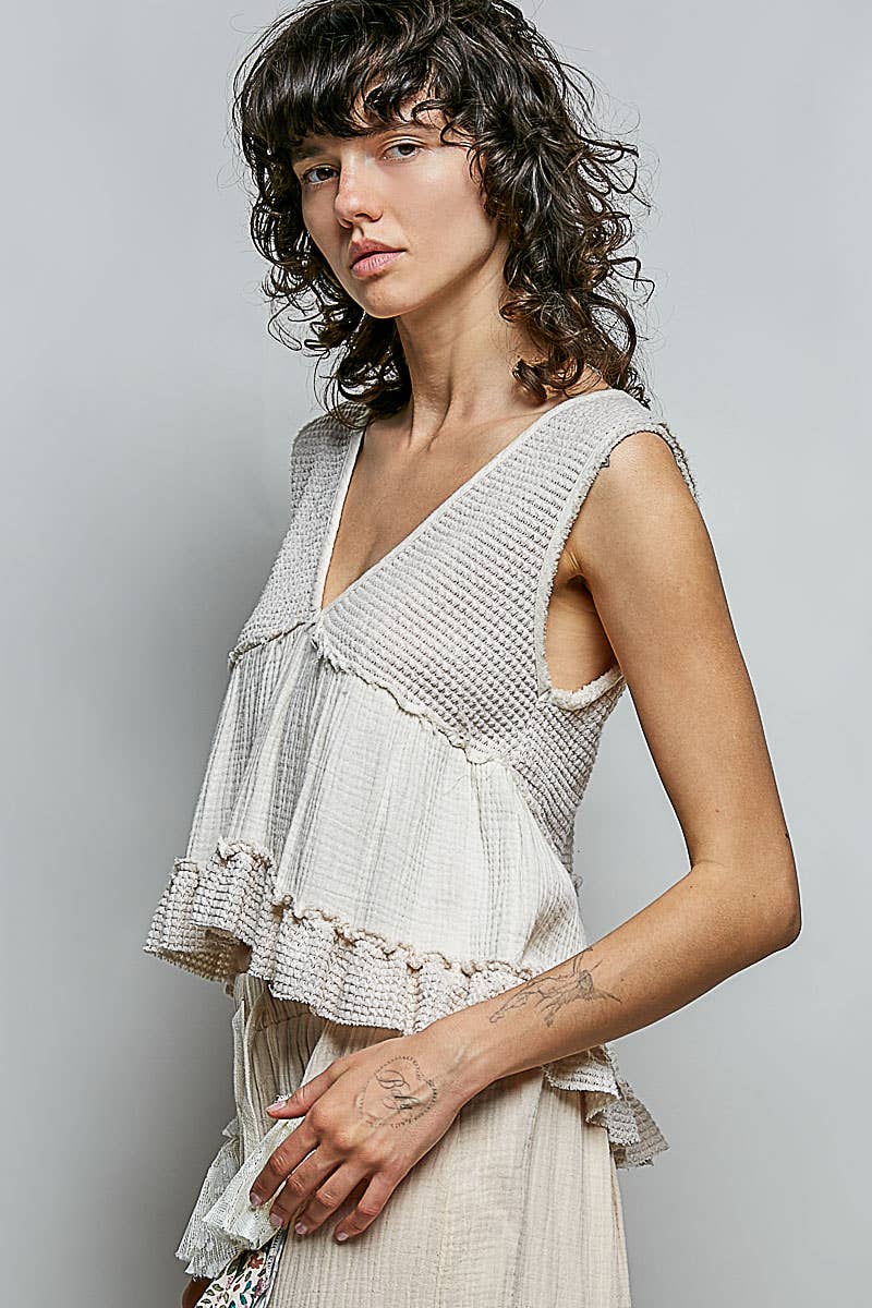 Sleeveless contrast thermal cropped babydoll top SALE