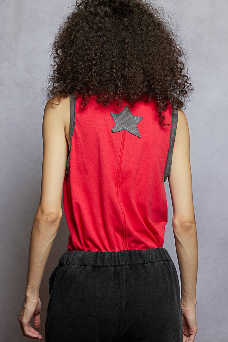 V-neck Sleeveless Front Star Patches Solid Basic Top SALE