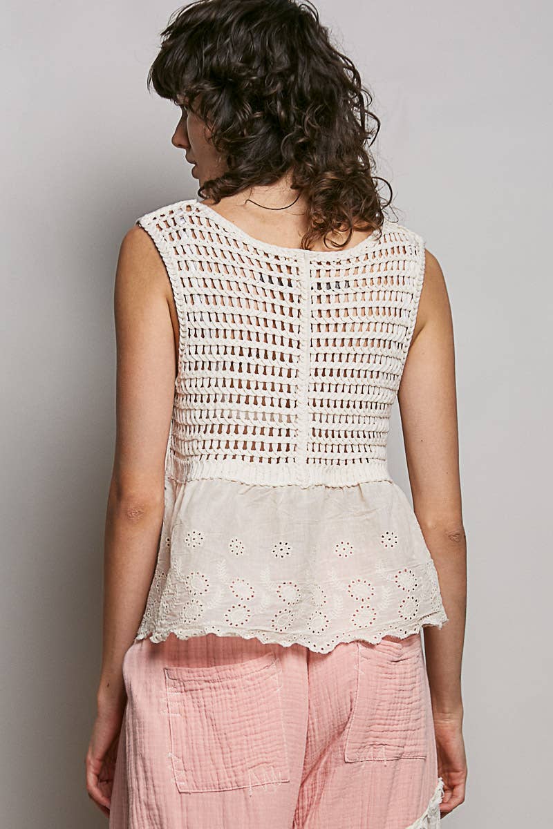Boho Crochet Ribbon Motif Scalloped Trim Sleeveless Top