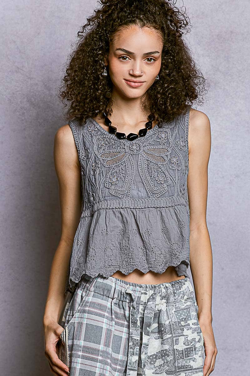Boho Crochet Ribbon Motif Scalloped Trim Sleeveless Top