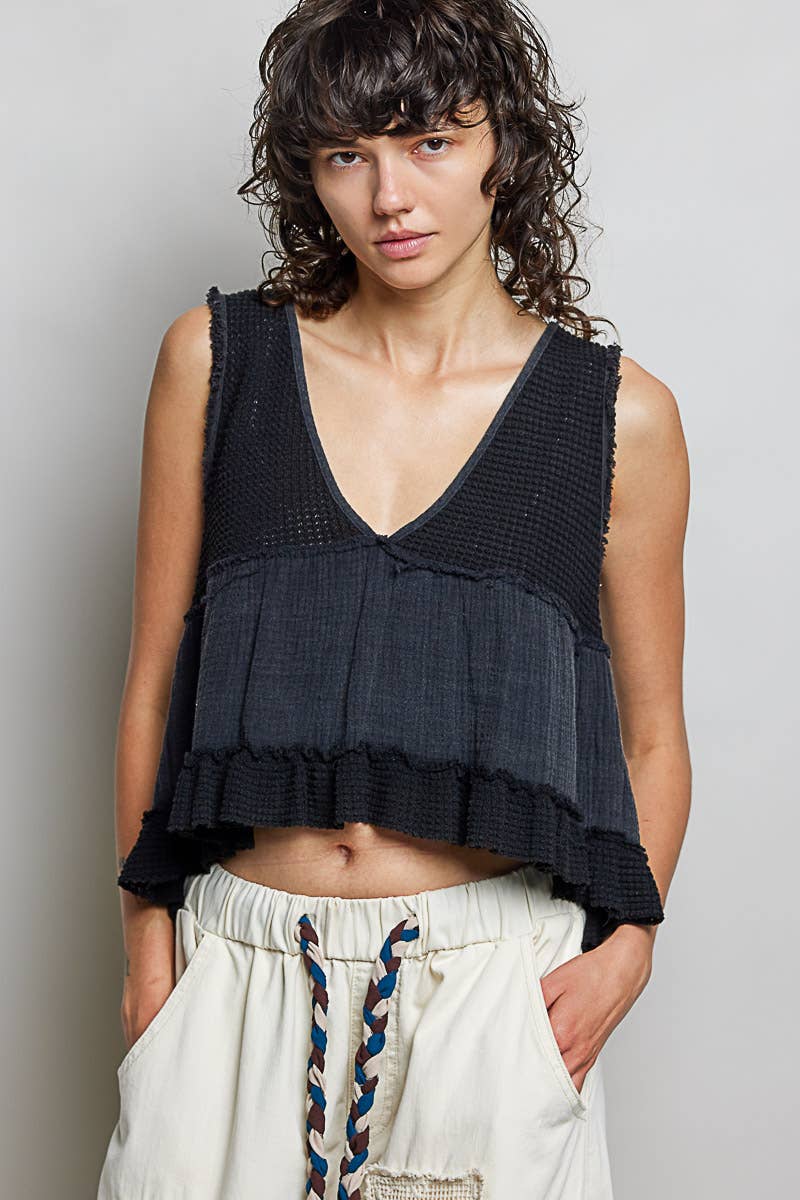Sleeveless contrast thermal cropped babydoll top SALE